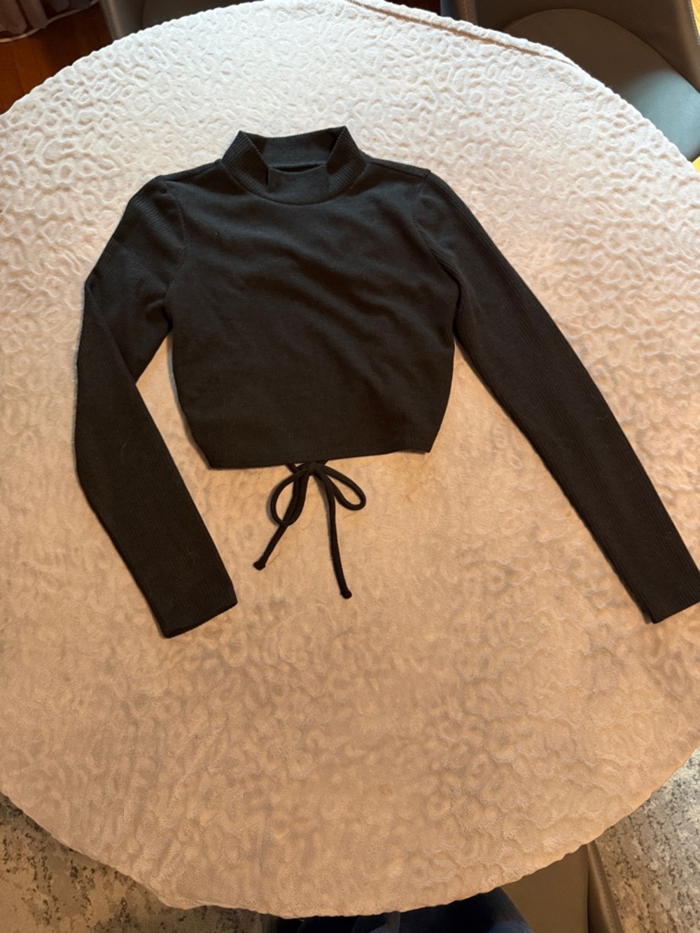 Madewell Black Ribbed Cropped Tie-Waist Long Sleeve Top